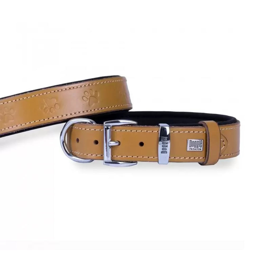 Doggie Konforlu Gerçek Deriden El Yapımı Pati Desenli Kamel Köpek Boyun Tasması 4x52-60cm