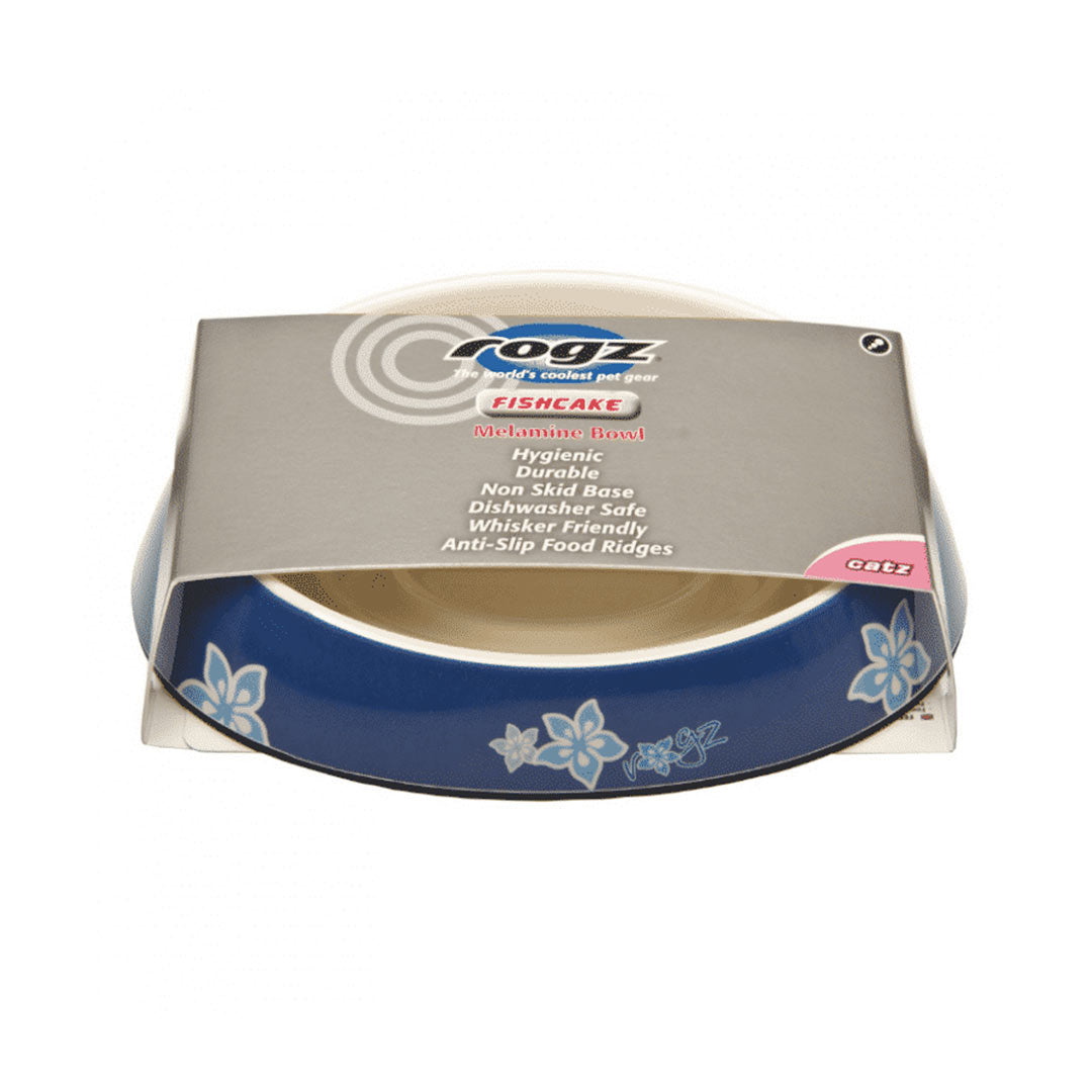 Rogz Catz Bowlz Fishcake Flower Patterned Blue Plastic Cat Food and Water Bowl S
