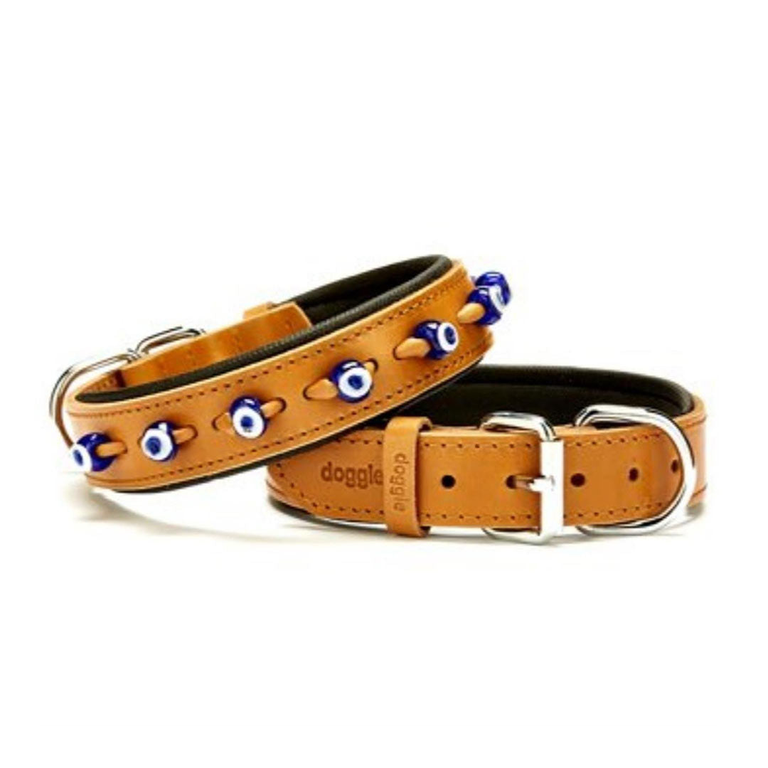 Doggie Konforlu Gerçek Deriden El Yapımı Nazar Boncuklu Kamel Köpek Boyun Tasması 3x42-50cm