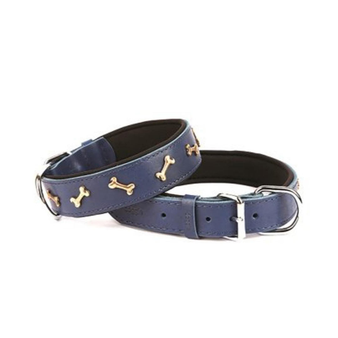 Doggie Konforlu Gerçek Deriden El Yapımı Kemik Süslü Royal Mavi Köpek Boyun Tasması 3,5x52-60cm