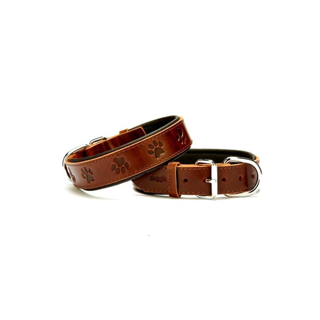 Doggie Konforlu Gerçek Deriden El Yapımı Pati Desenli Kahverengi Köpek Boyun Tasması M 2,5x37-45cm