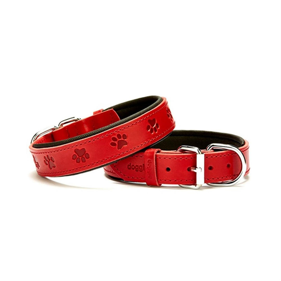 Doggie Konforlu Gerçek Deriden El Yapımı Pati Desenli Kirmizi Köpek Boyun Tasması 3x42-50cm