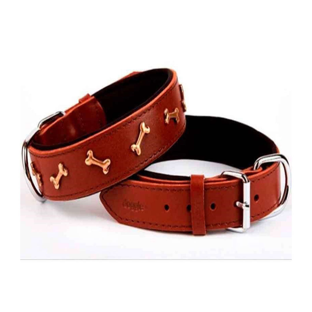 Doggie Konforlu Gerçek Deriden El Yapımı Kemik Süslü Kahverengi Köpek Boyun Tasması 3,5x52-60cm
