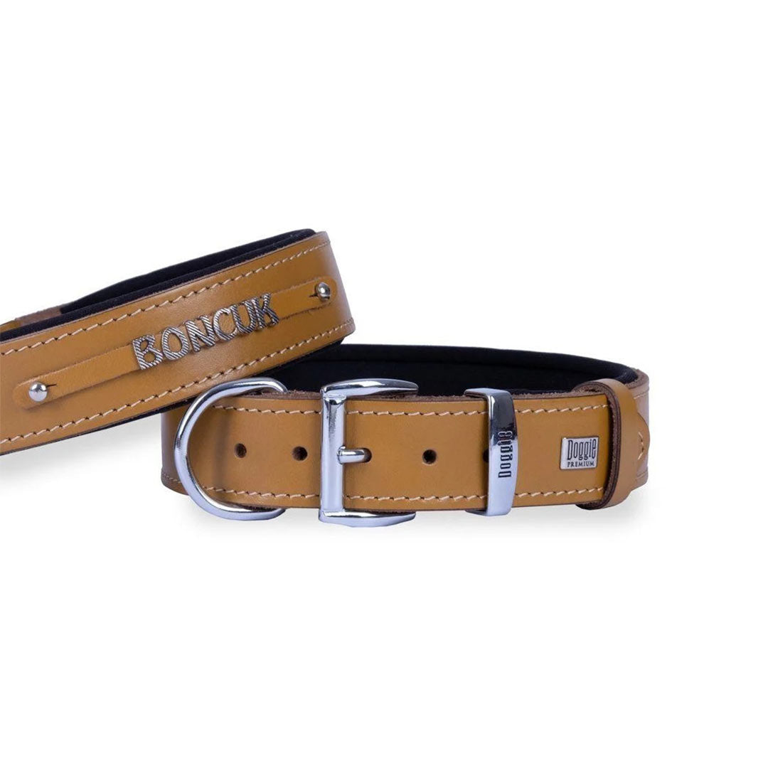 Doggie Comfortable Genuine Leather Camel Dog Collar with Name Tag 2×35-40cm