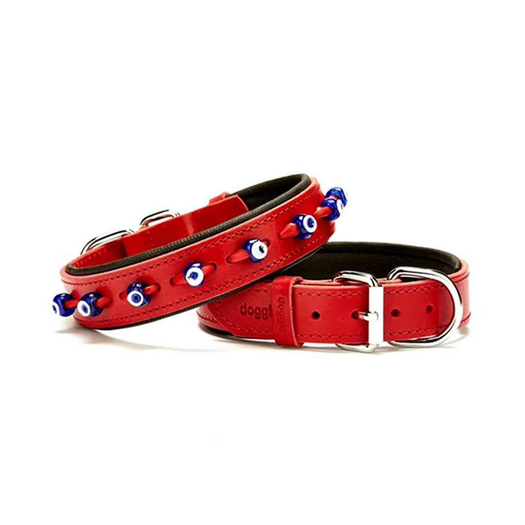 Doggie Comfortable Real Leather Handmade Evil Eye Beaded Red Dog Collar 3x42-50cm