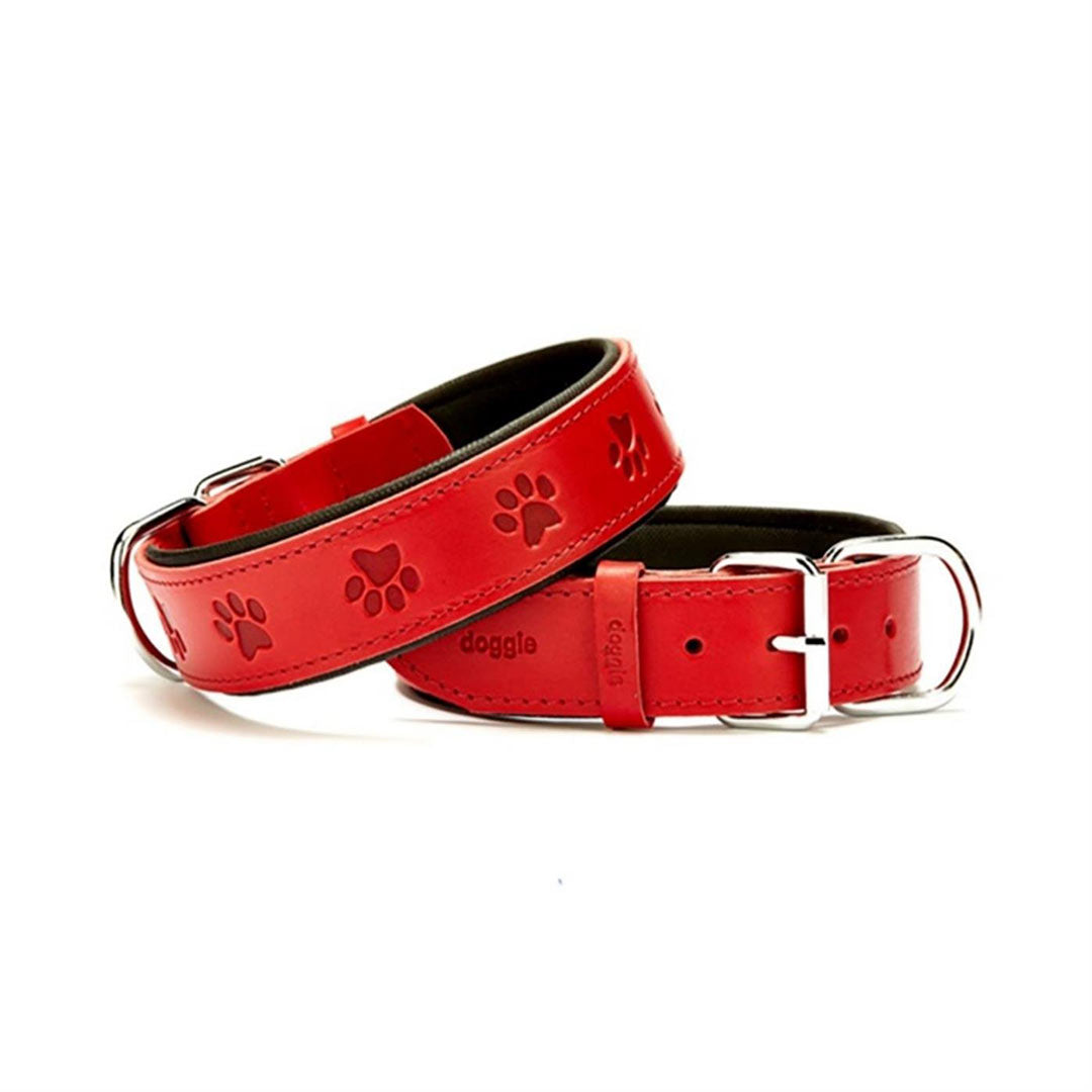 Doggie Konforlu Gerçek Deriden El Yapımı Pati Desenli Kirmizi Köpek Boyun Tasması 4x47-55cm