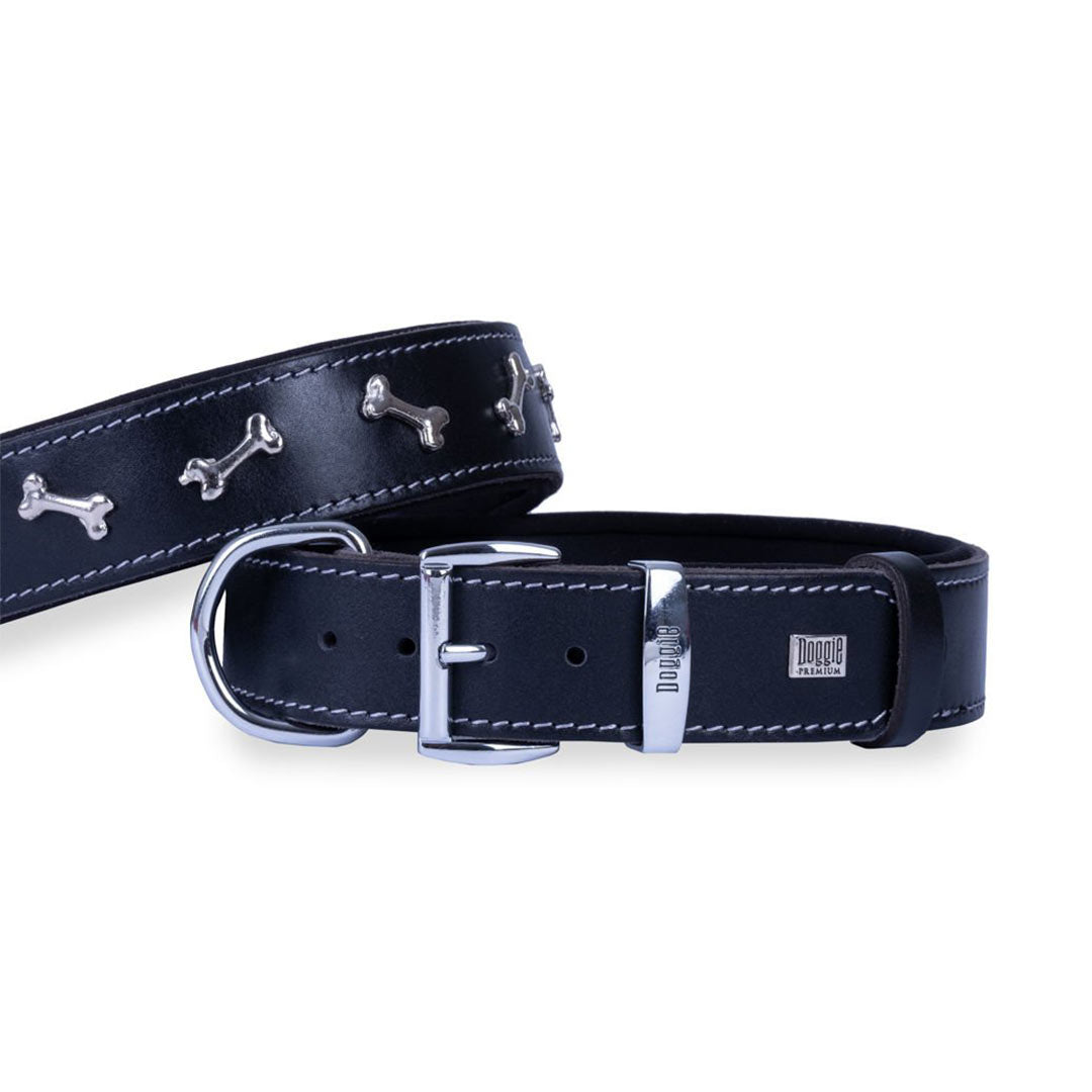 Doggie Konfor Deri Kemik Süslü Siyah Köpek Boyun Tasması L 4x57-65 Cm