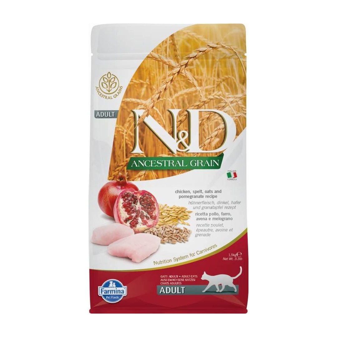 غذای گربه بالغ N&D Ancestral Grain با گندم قدیمی، مرغ و انار ۱.۵ کیلوگرم