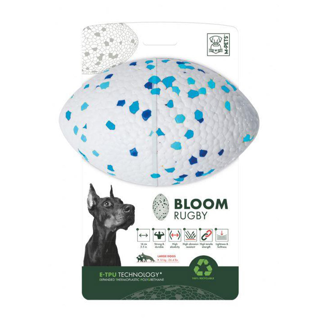 توپ راگبی سفید و آبی غیر قابل تخریب M-Pets Bloom با ابعاد 14x9x7 سانتیمتر