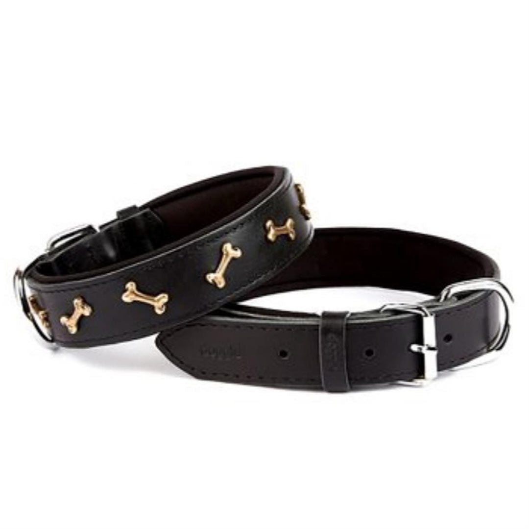 Doggie Comfortable Genuine Leather Handmade Bone Decorated Black Dog Collar 3.5x47-55cm