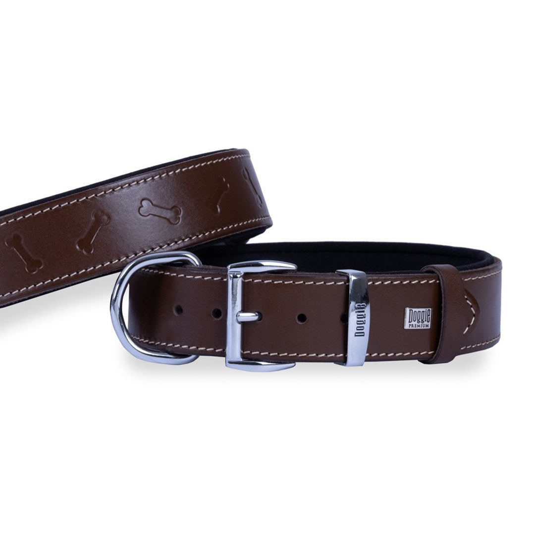 Doggie Konforlu Gerçek Deriden El Yapımı Kemik Desenli Kahverengi Köpek Boyun Tasması 4x47-55cm