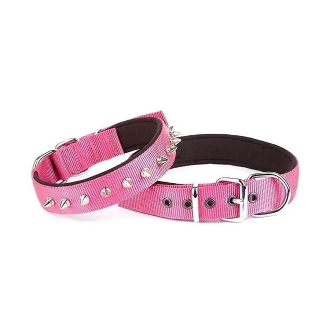 Doggie Konforlu Dokumadan El Yapımı Çivili Pembe Köpek Boyun Tasması Large 3x47-55 Cm