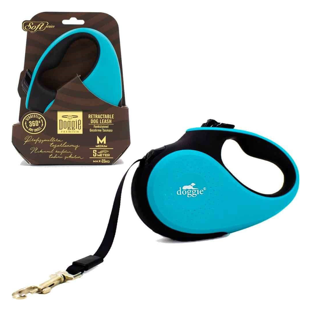 Doggie Soft Serisi Açık Mavi Otomatik Uzatma Köpek Tasması M, 25kg, 5mt