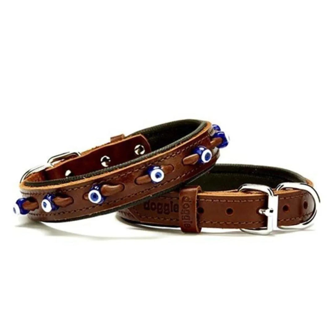 Doggie Comfort Handmade Genuine Leather Brown Dog Collar with Evil Eye Beads 2x30-35cm