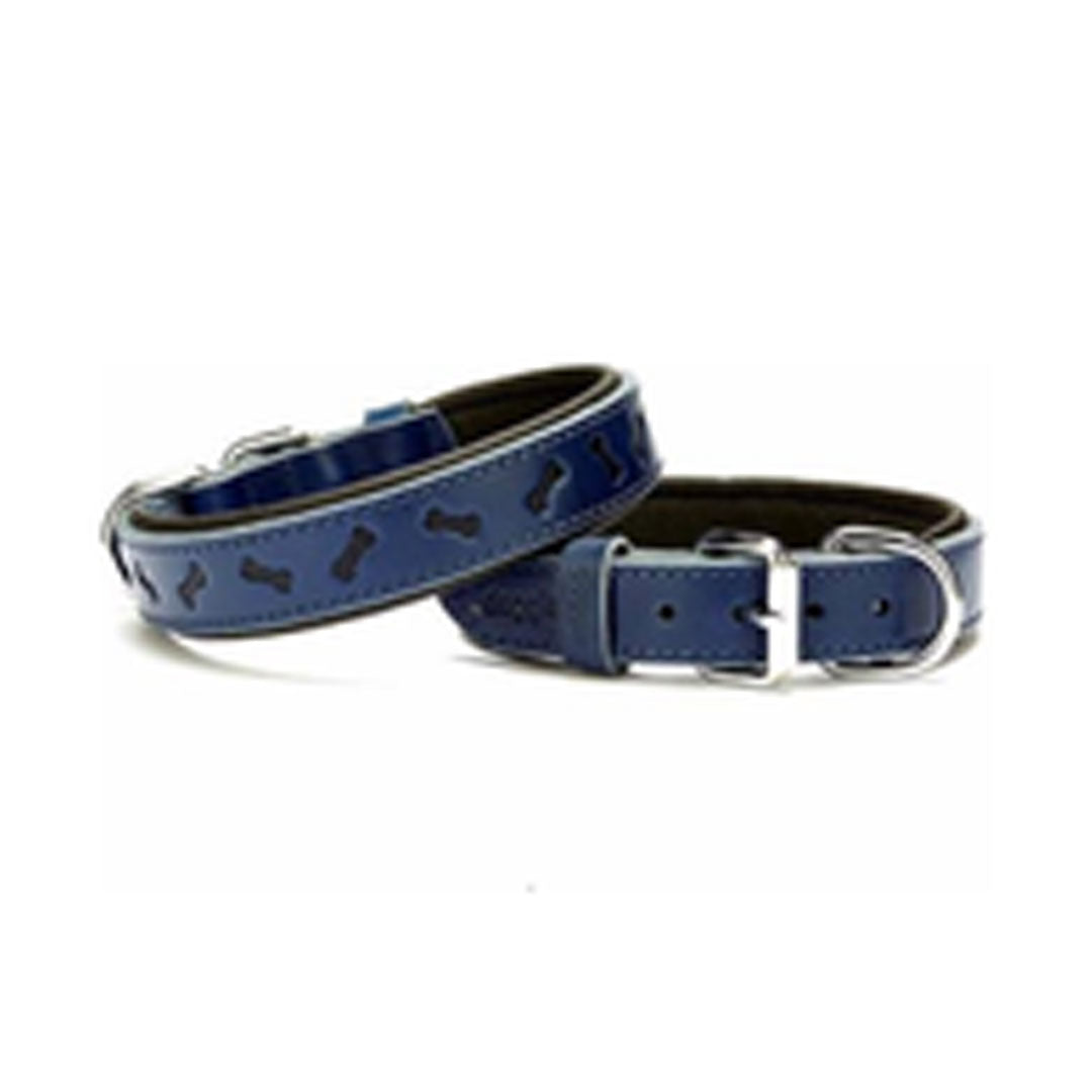 Doggie Comfort Leather Bone Patterned Blue Dog Collar Medium 2.5x37-45 Cm