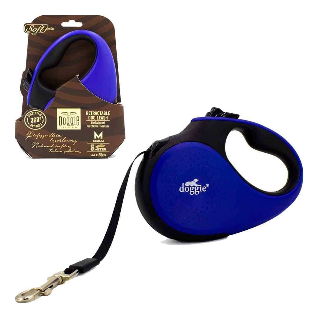 Doggie Soft Serisi Otomatik Royal Mavi Köpek Gezdirme Tasması M 25kg 5mt