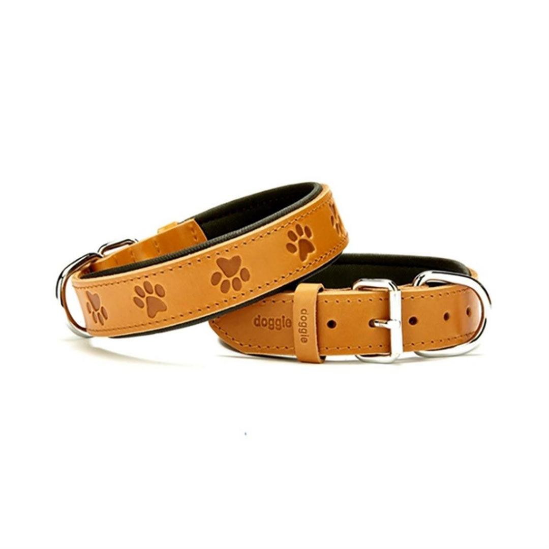 Doggie Konforlu Gerçek Deriden El Yapımı Pati Desenli Kamel Köpek Boyun Tasması 3,5x52-60cm