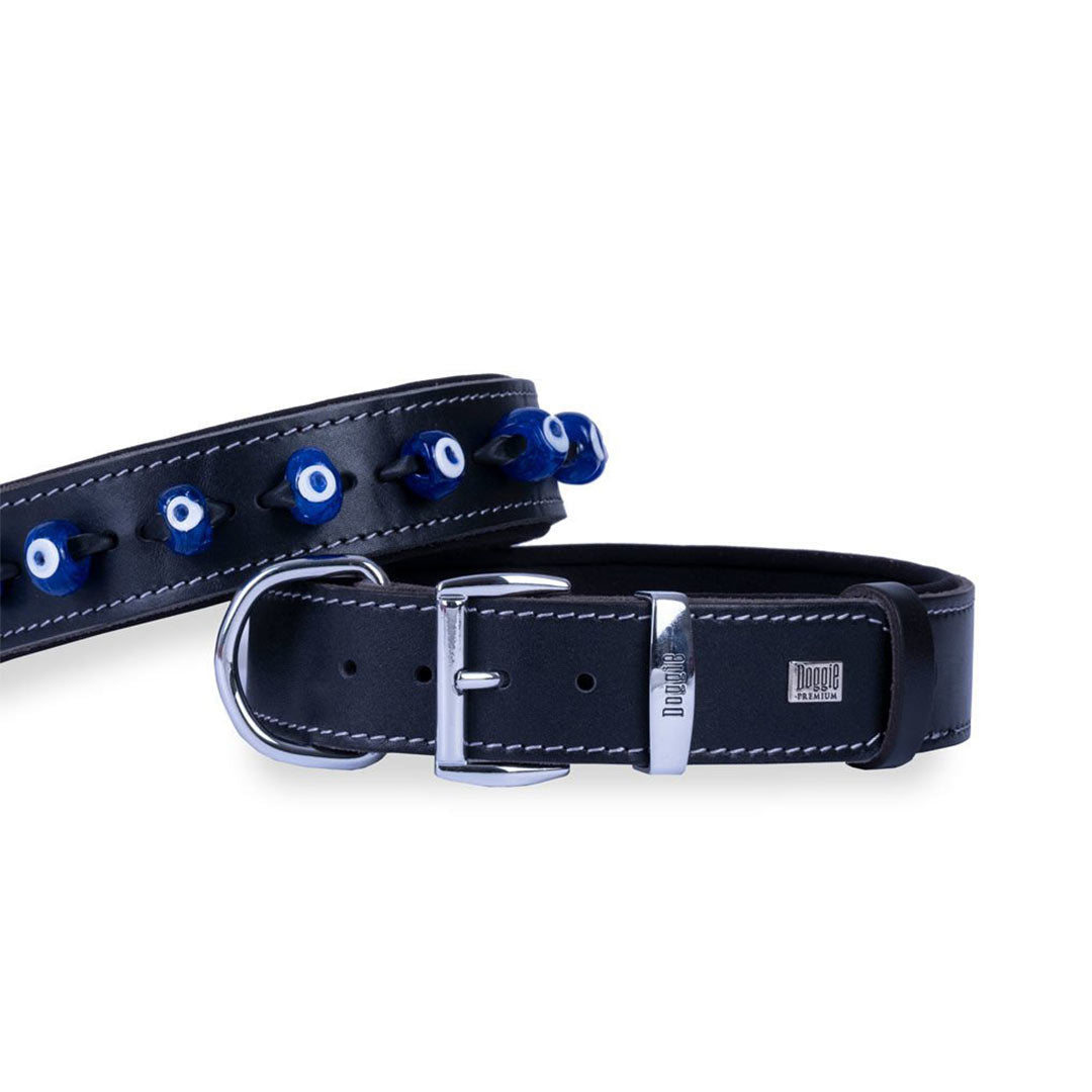 Doggie Comfort Deri Nazar Boncuklu Siyah Köpek Boyun Tasması Small 4x47-55 Cm