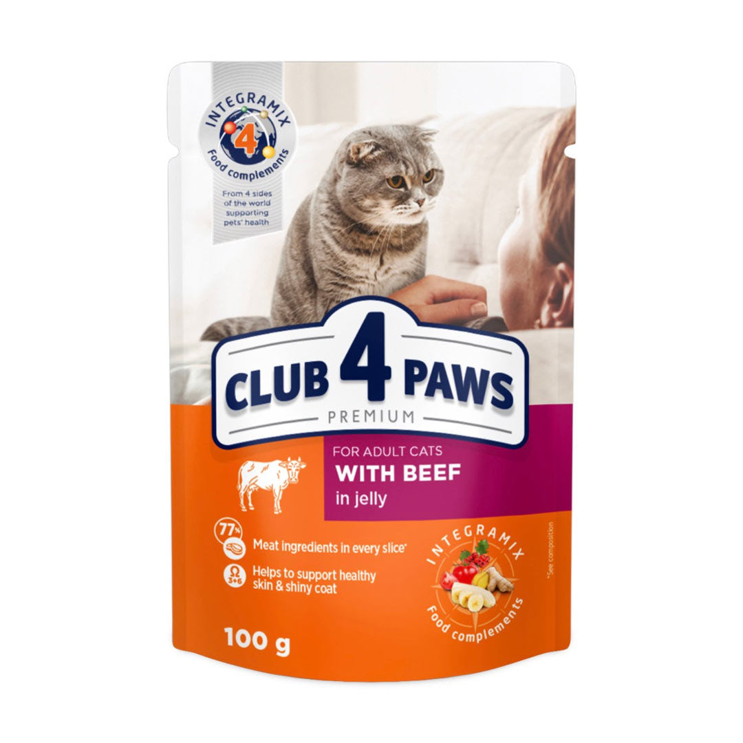  Club4Paws کنسرو گربه بالغ با گوشت گاو در ژله 100 گرم