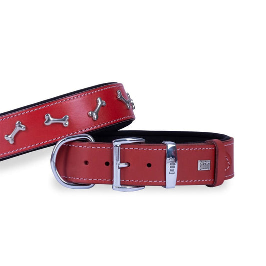 Doggie Comfortable Real Leather Handmade Bone Decorated Red Dog Collar 3.5x52-60cm