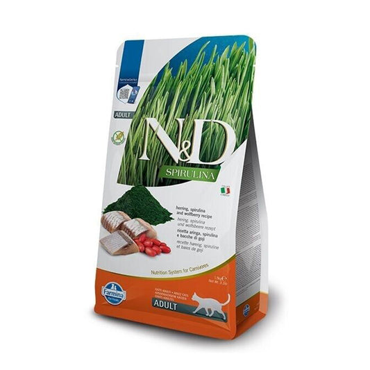 N&D Tahılsız Spirulina, Ringa Balıklı ve Kurt Üzümlü Yetişkin Kedi Maması 1,5kg