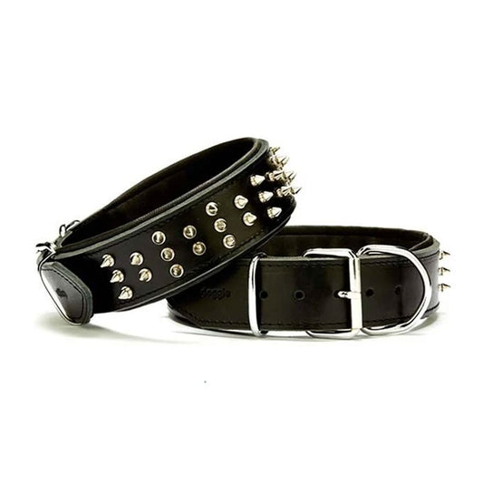 Doggie Handmade Double-Layer Real Leather Studded Black Dog Collar 5x60-70cm