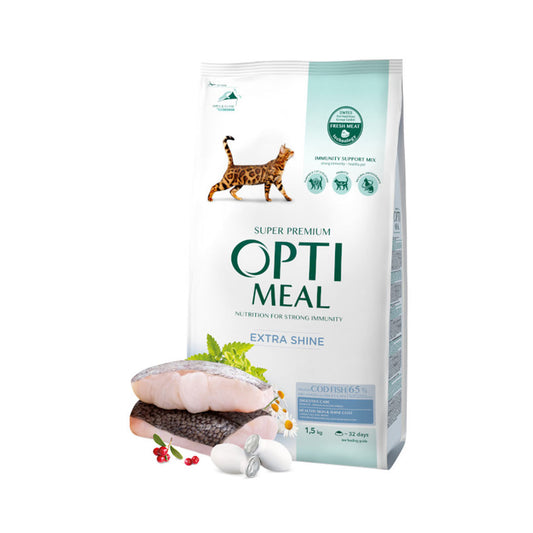 Optimeal Extra Shine Morina Balıklı Parlak Tüy Gelişimini Destekleyen Yetişkin Kedi Maması 1,5kg