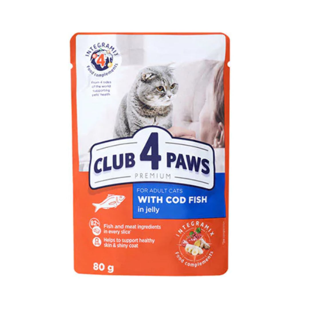 حقيبة Club4Paws Premium للقطط البالغة مع سمك القد في الجيلي 80 جرام