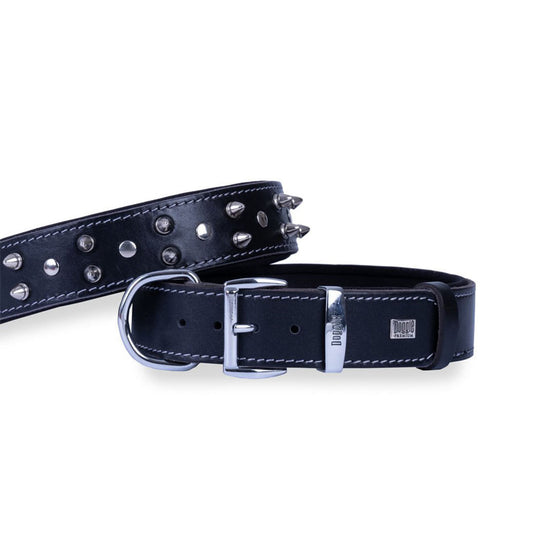 Doggie Comfortable Real Leather Handmade Studded Black Dog Collar. 4x47-55cm