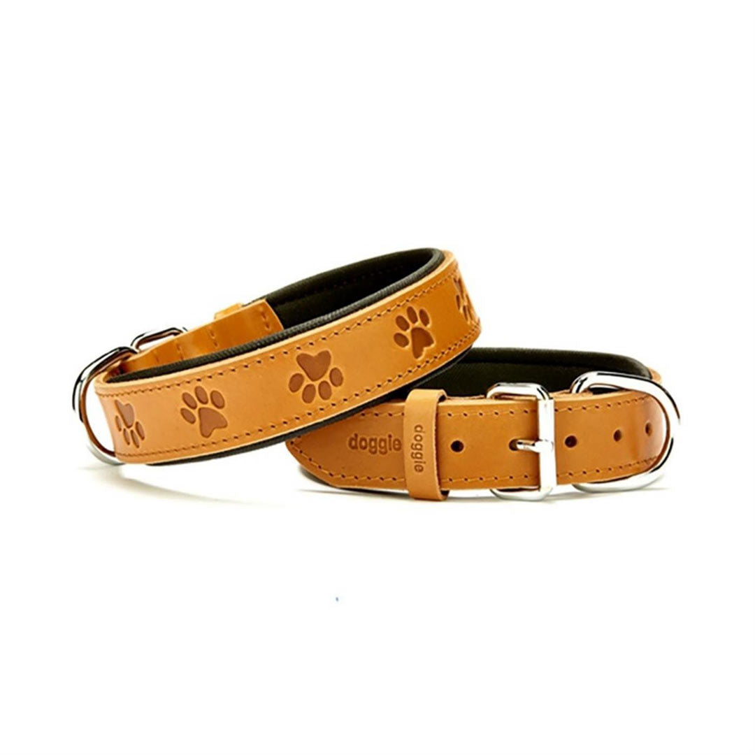 Doggie Comfortable Genuine Leather Handmade Paw Patterned Camel Dog Collar 3.5x47-55cm