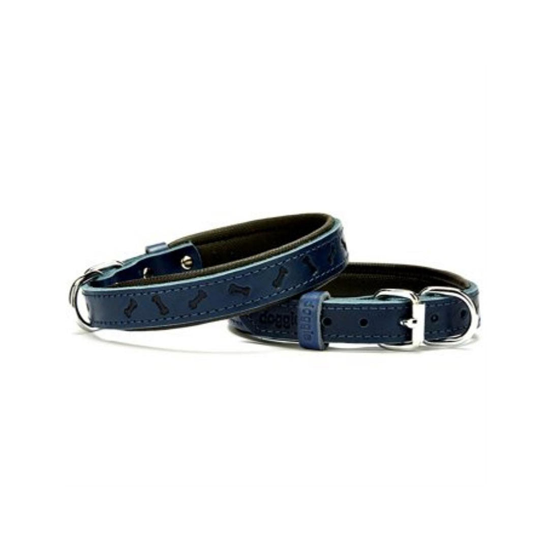 Doggie Comfortable Genuine Leather Handmade Bone Patterned Royal Blue Dog Collar 2x35-40cm