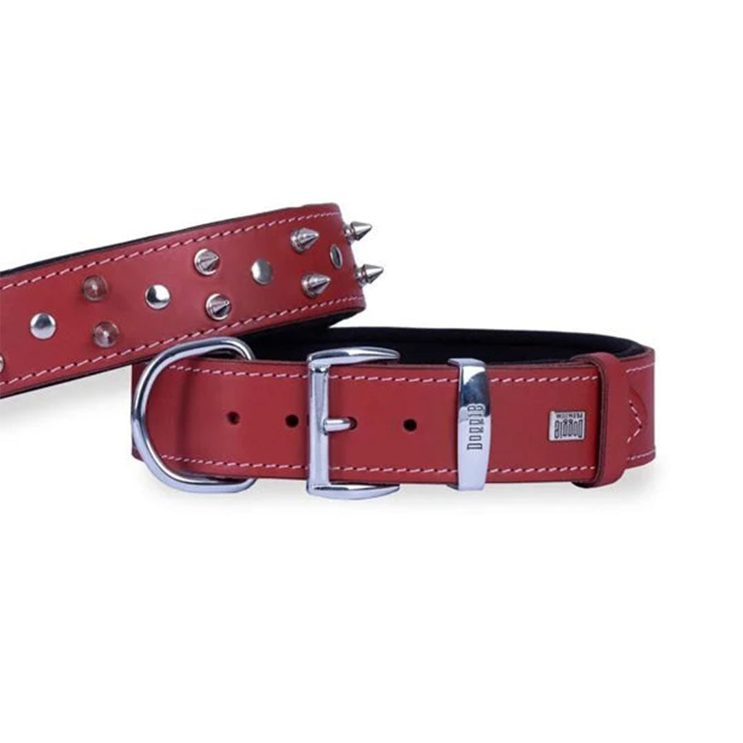 Doggie Comfortable Real Leather Handmade Spiked Red Dog Collar 4x47-55 Cm