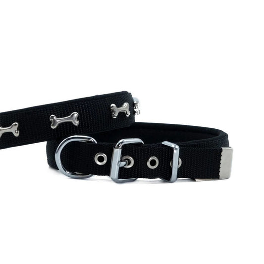 Doggie Comfortable Woven Handmade Bone Decorated Black Dog Collar 2x30-35cm