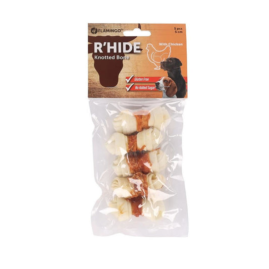 Flamingo Rawhide Knotted Bone with Chicken Dog Treat 5cm 70gr (5Pcs)