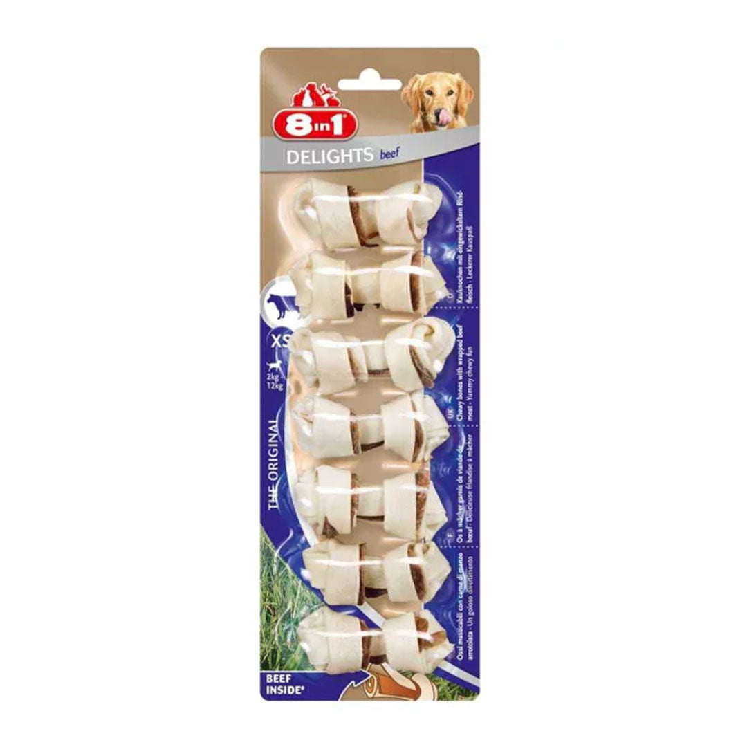 8 in 1 Delights Bones Ağız Bakımı için Düğümlü Sığır Etli Köpek Kemiği 7'li, XS, 84gr