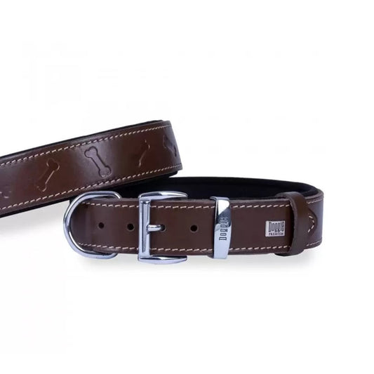 Doggie Konforlu Gerçek Deriden El Yapımı Kemik Desenli Kahverengi Köpek Boyun Tasması 4x57-65cm