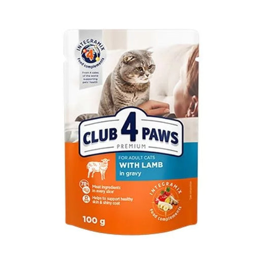 Club4Paws غذاء قطط بالغة معصّر فائق الجودة مع صوص الخروف 100 غرام