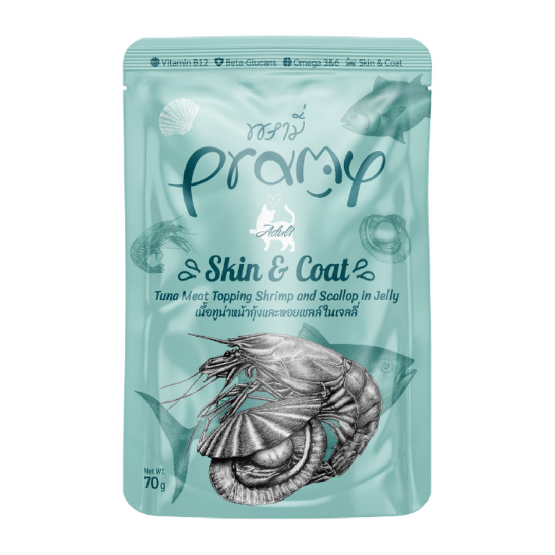 Pramy Skin Coat Jöle İçinde Karidesli, Deniz Taraklı ve Ton Balikli Yetişkin Kedi Yaş Mamasi 70gr