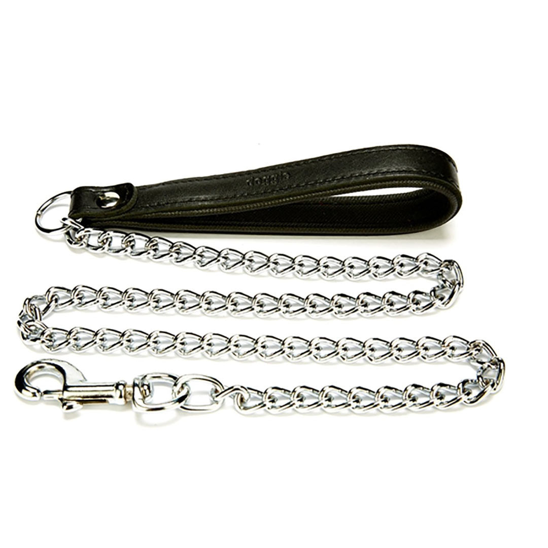 Doggie Comfortable Handmade Genuine Leather Black Dog Leash with Chain 3.5x110cm