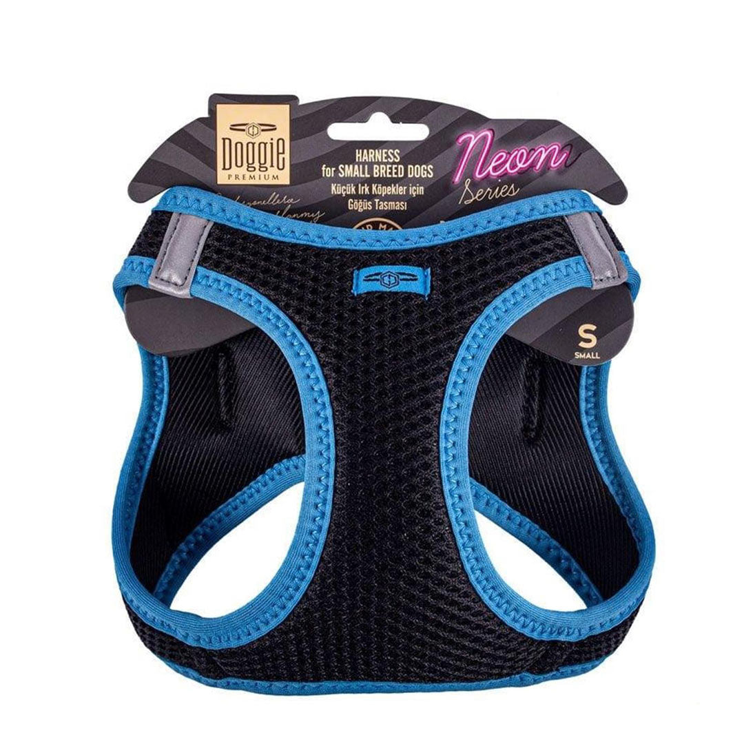 Doggie Havalı Dokuma Neon Serisi Mavi Küçük Irk Köpek Göğüs Tasması S-32-38CM