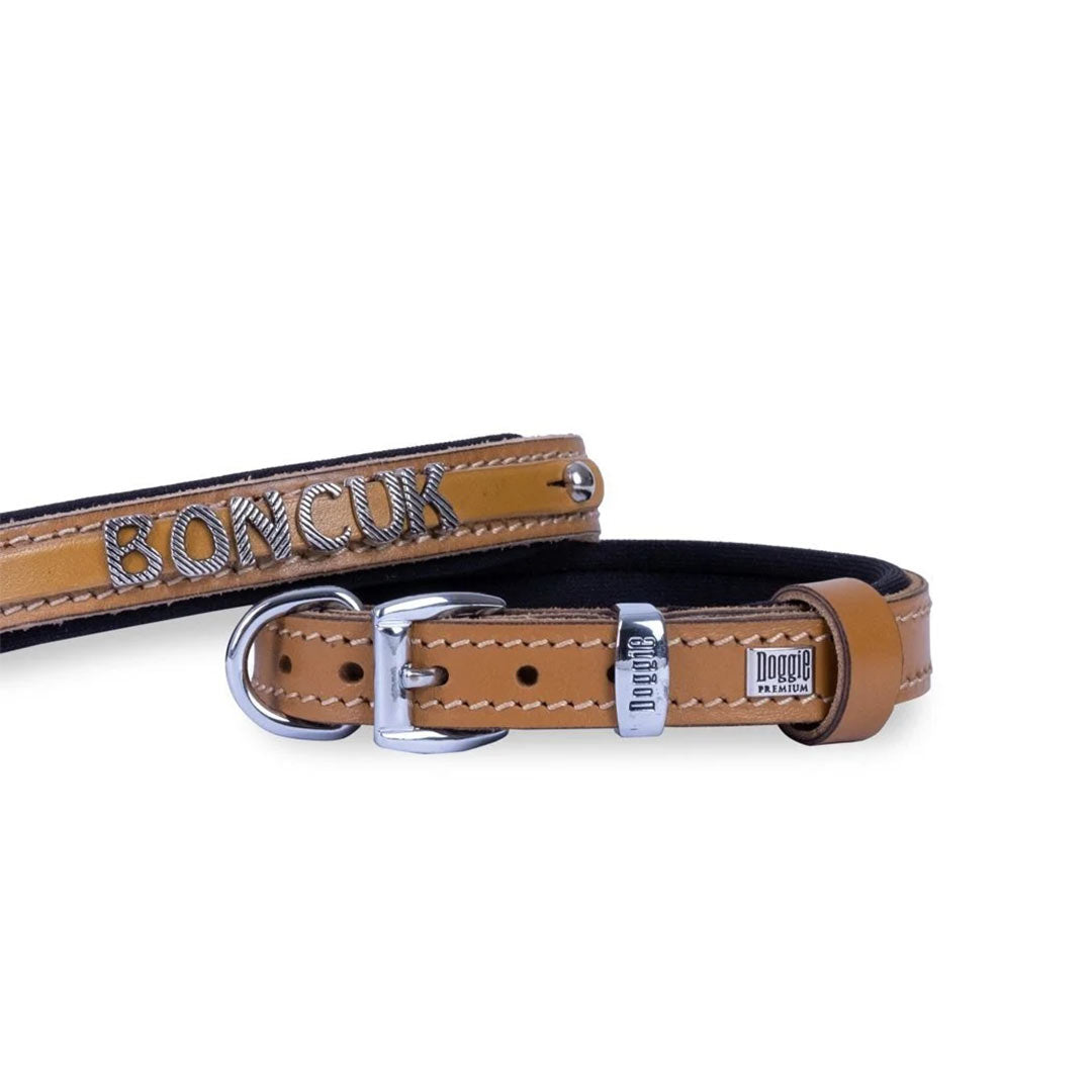 Doggie Comfortable Genuine Leather Camel Dog Collar with Name Tag 1.5X25-30Cm