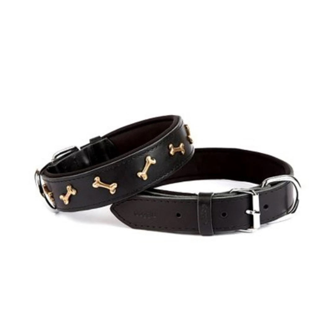 Doggie Comfortable Genuine Leather Handmade Bone Decorated Black Dog Collar 4x47-55cm
