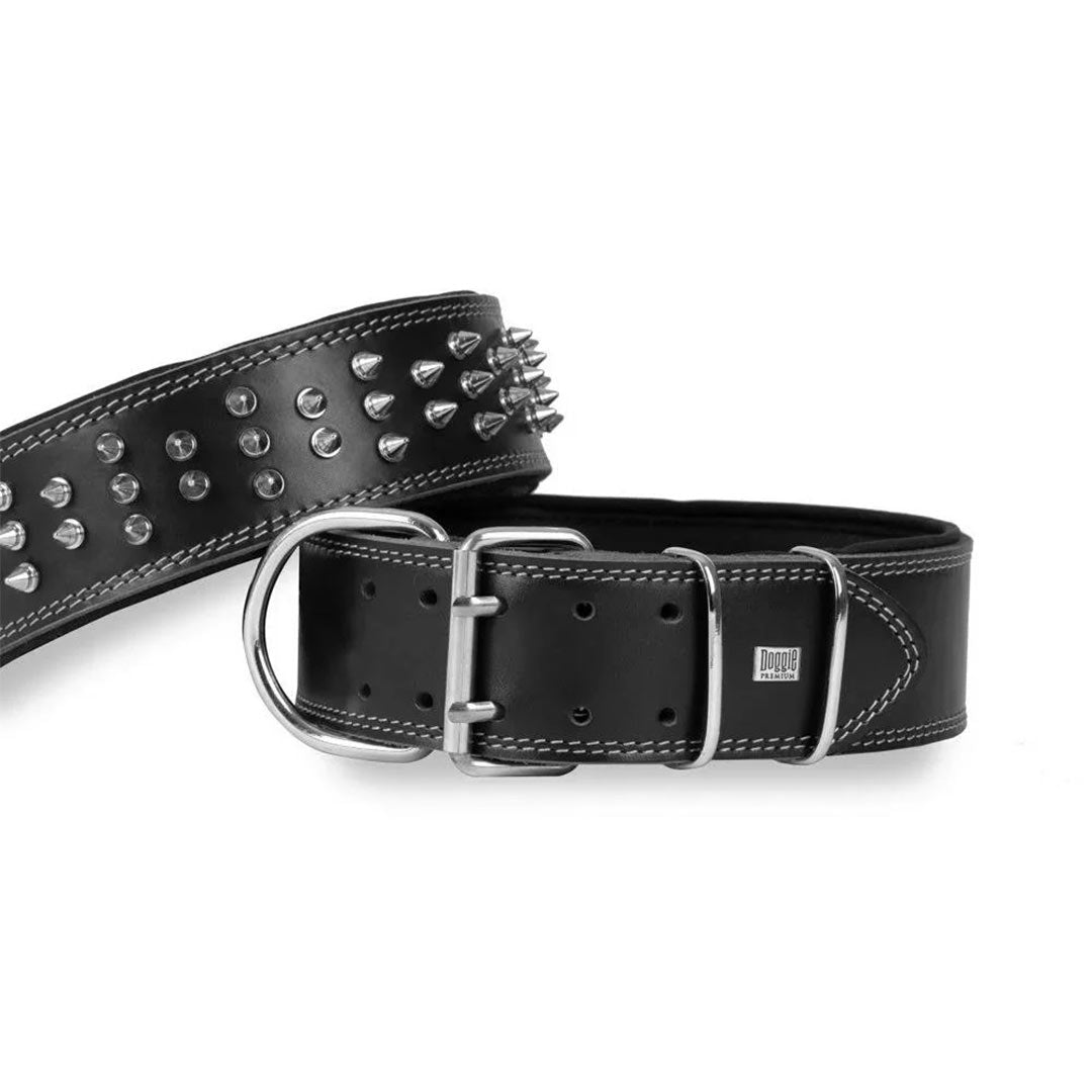 Doggie Çift Kat Gerçek Deriden El Yapımı Çivili Siyah Köpek Boyun Tasması 6x60-70 cm