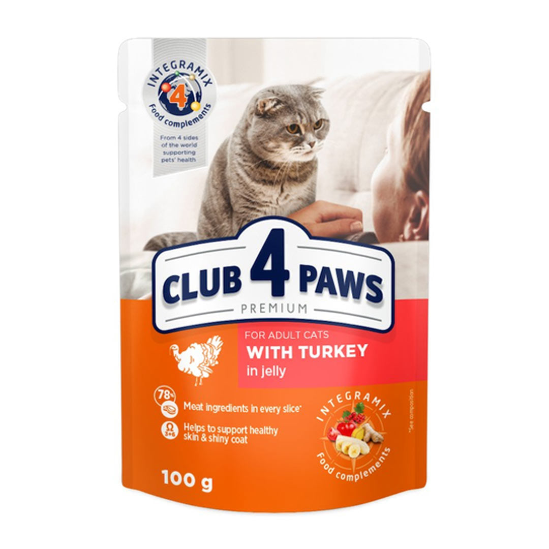 کیسه پریمیوم Club4Paws غذای مرطوب گربه بزرگسالان با گوشت بوقلمون 100 گرم