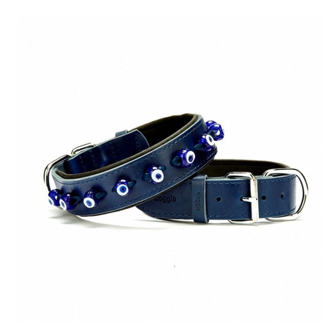 Doggie Konforlu Handmade Genuine Leather Evil Eye Royal Blue Dog Collar 3.5x47-55cm