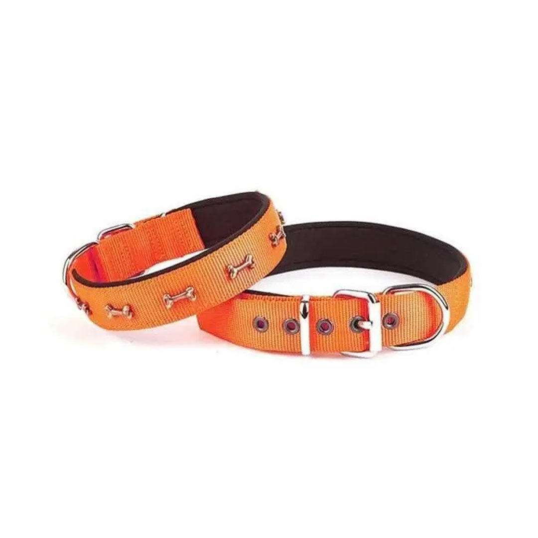 Doggie Comfortable Woven Handmade Bone Decorated Orange Dog Collar 2.5x42-50cm