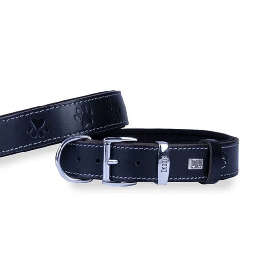 Doggie Konforlu Gerçek Deriden El Yapımı Pati Desenli Siyah Köpek Boyun Tasması 3,5x47-55cm