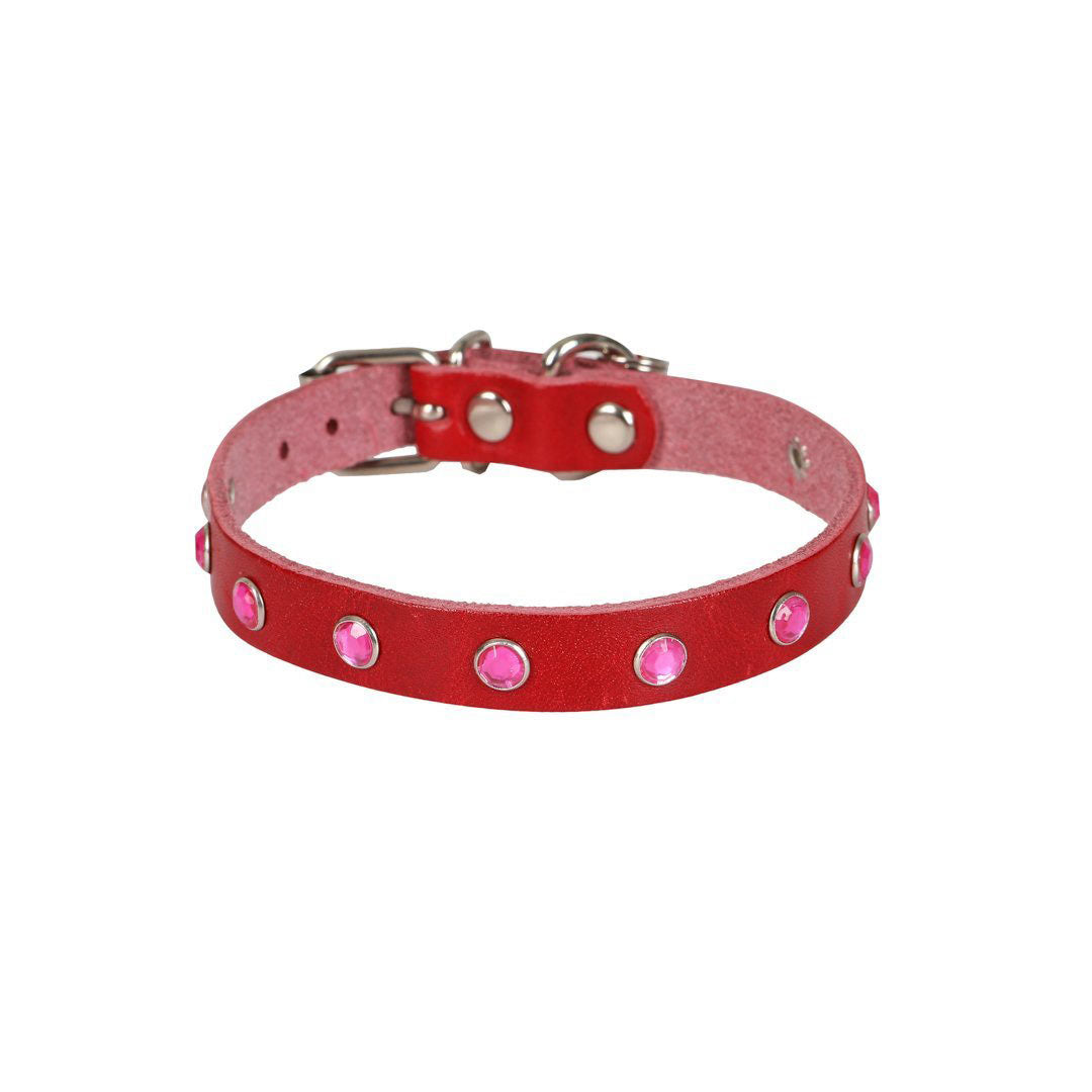 Cattie Genuine Leather Stoned Red Cat Collar Large 1.2x23-28 Cm