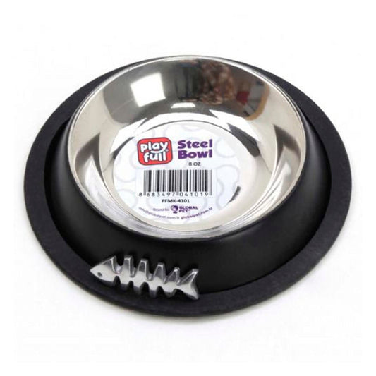 Playful Fish Patterned Black Steel Food and Water Bowl 8 Oz