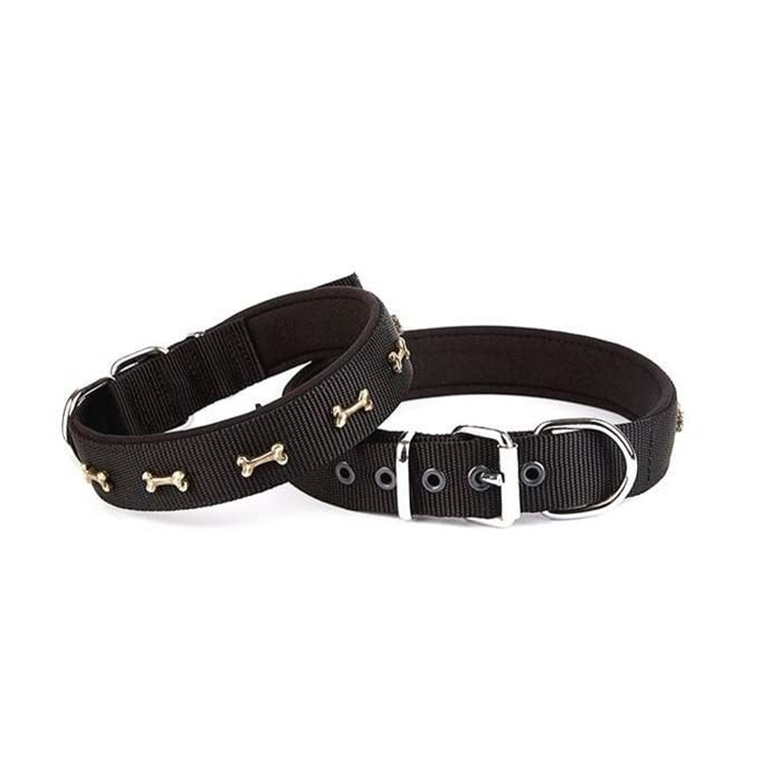 Doggie Comfortable Woven Handmade Bone Decorated Black Dog Collar M 2.5x37-45cm